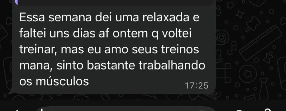 Mensagem de aluna sobre a planilha de treinos